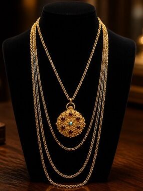 Gold Multi-Layer Necklace with Red and Turquoise Accent Pendant